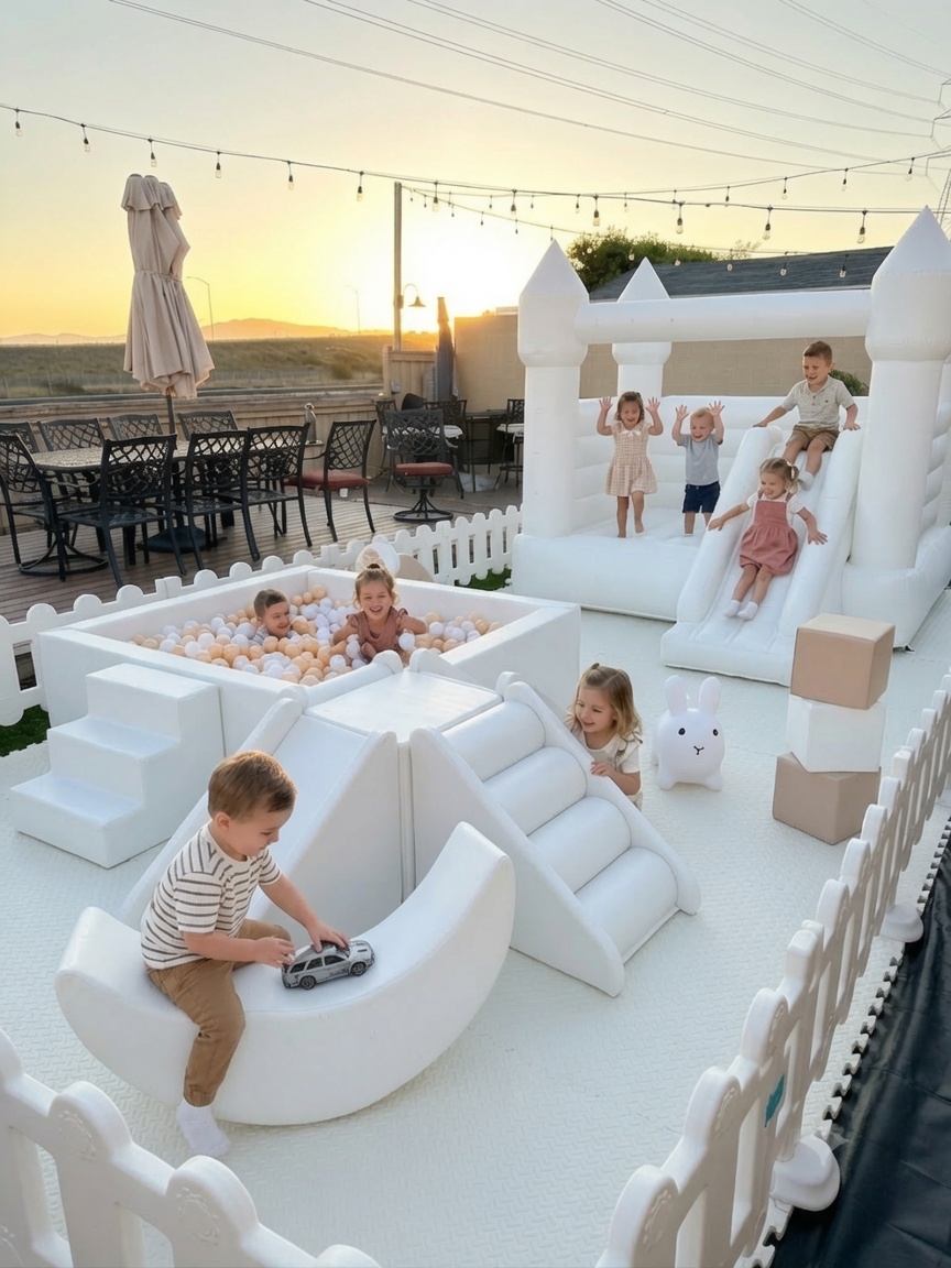 Luxury white soft play setup outdoors at golden hour